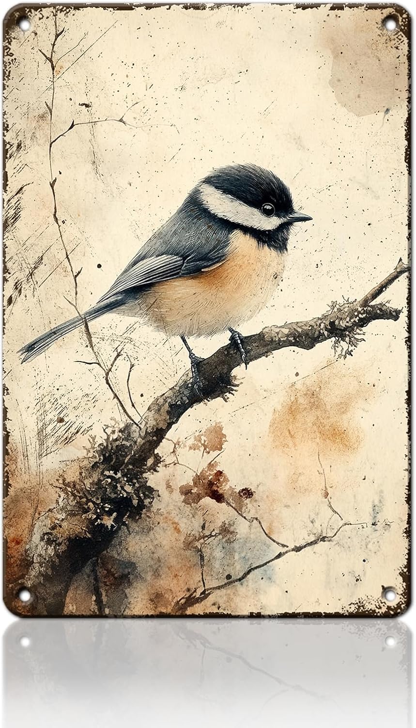 Home Office Kitchen - PEACHGARDEN Bird Chickadee Wildlife Vintage Metal