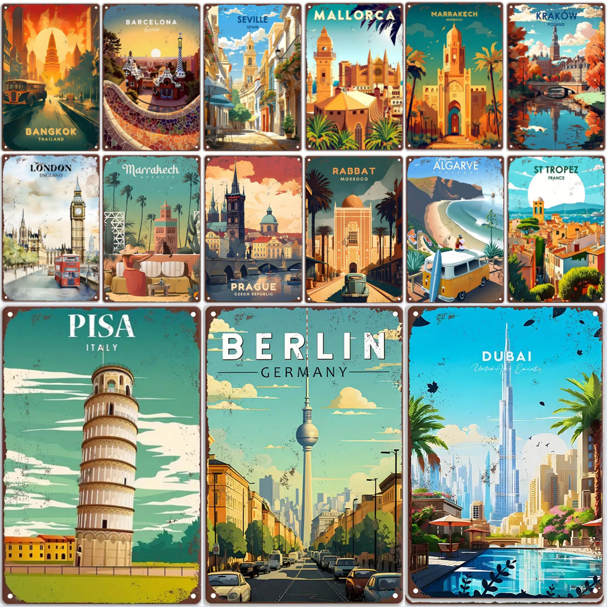 Home Office Gif - Vintage Travel Round The World Poster,ITALY,BERLIN,DUBAI